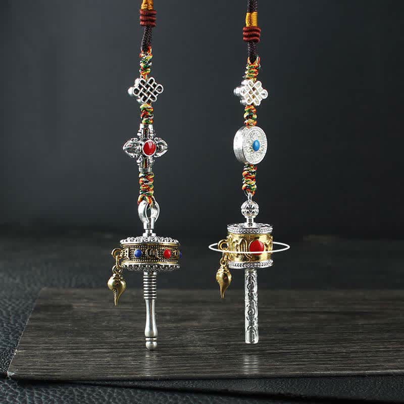 Buddha Stones Tibet Om Mani Padme Hum Prayer Wheel Peace Rotatable Bag Car Hanging Decoration