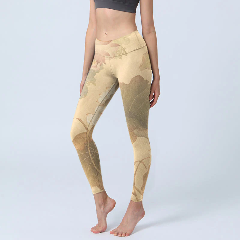 Buddha Stones Lotus Flowers Leaves Print Gym Leggings Women's Yoga Pants