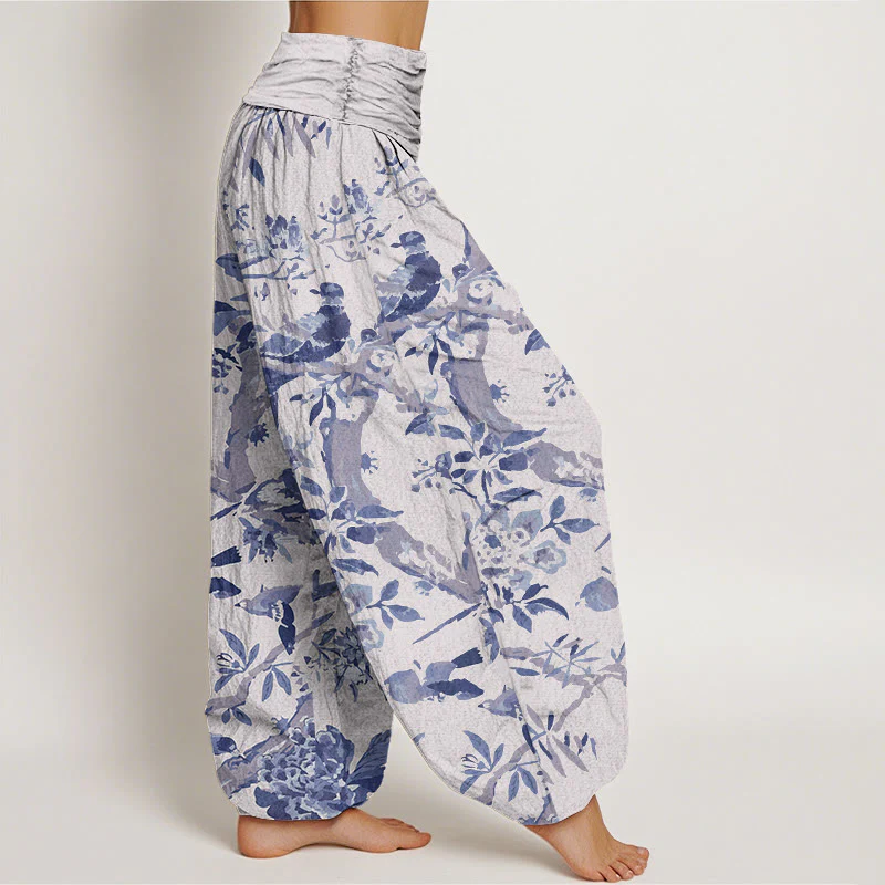 Buddha Stones Birds Branches Flowers Pattern Women's Elastic Waist Harem Pants