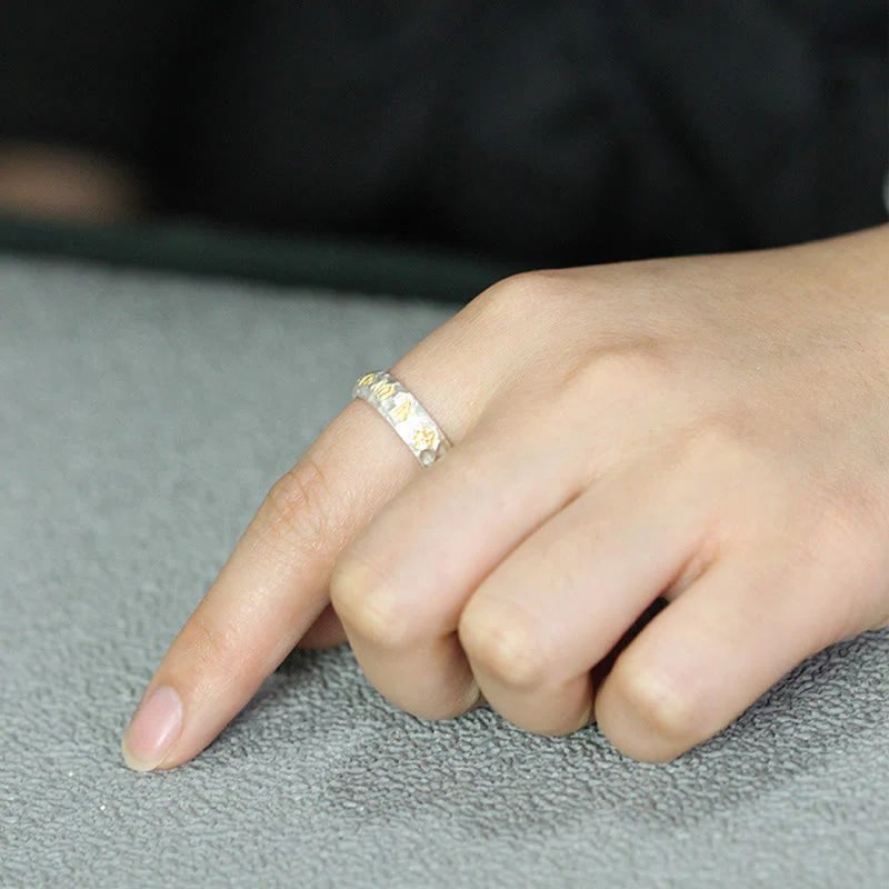 Buddha Stones Hammer Pattern Om Mani Padme Hum Copper Plated Silver Wealth Ring