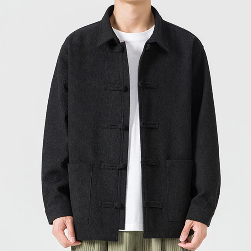 Buddha Stones Long Sleeve Frog-button Design Men's Polyester Jacket Shirt With Pockets