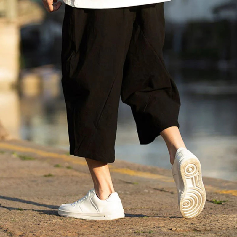 Buddha Stones Summer Plain Pleat Design Drawstring Men's 7-8 Length Cotton Linen Pants With Pockets