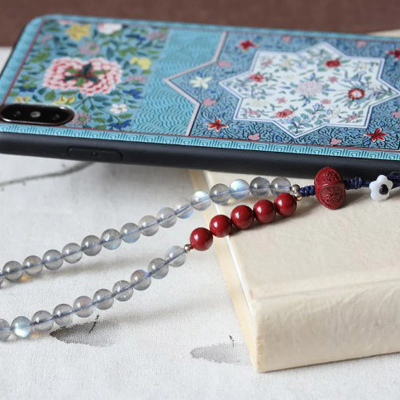 Buddha Stones Natural Moonstone Cinnabar Calm Positive Phone Decoration