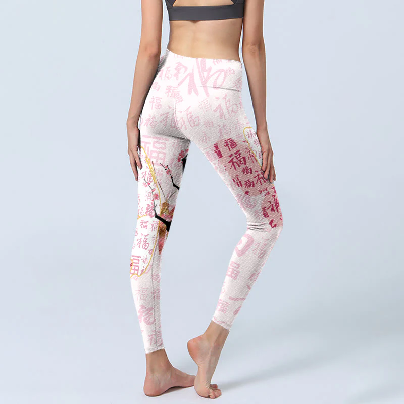 Buddha Stones Butterfly Plum Blossom Fu Character Pattern Print Gym Leggings Women's Yoga Pants