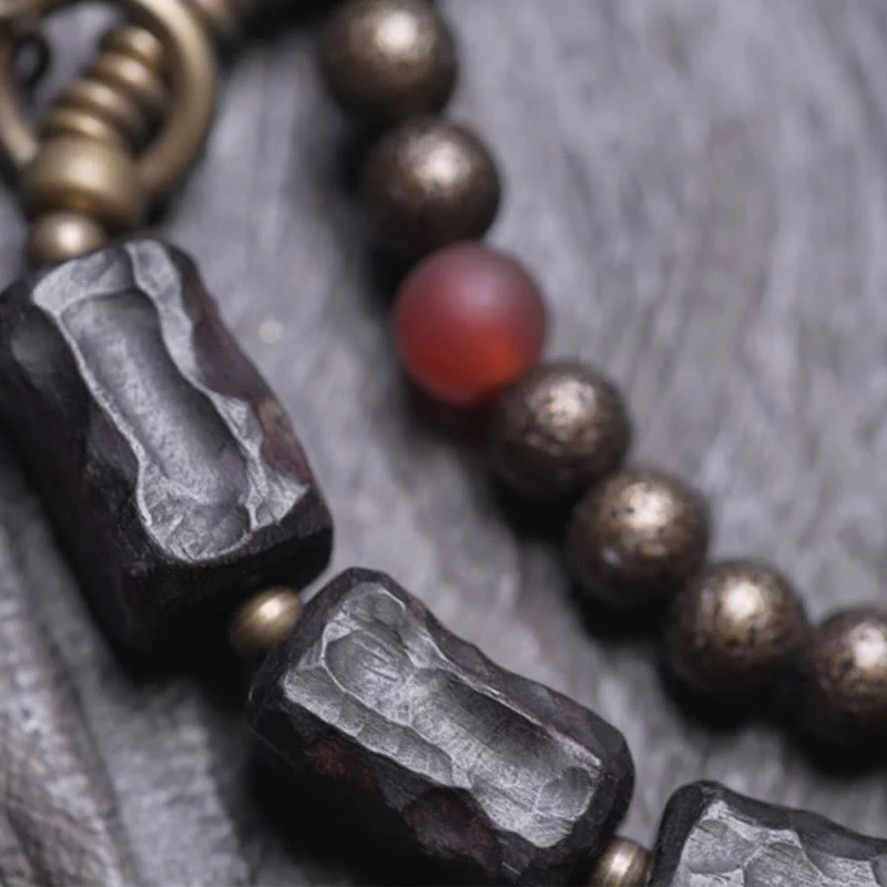 Buddha Stones Ebony Wood Copper Brass Red Agate Peace Double Wrap Bracelet