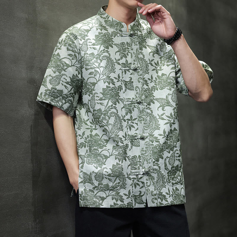 Buddha Stones Casual Jacquard Paisley Flower Plant Pattern Frog-Button Design Men's Cotton Shirt Cardigan With Pockets