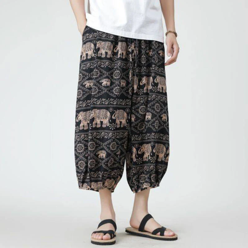 Buddha Stones Summer Square Patchwork Elephant Mandala Geometry Cotton Linen Men's 7-8 Length Pants With Pockets