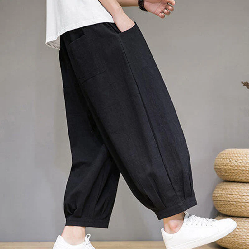 Buddha Stones Casual Plain Men's Cotton 7-8 Length Harem Pants With Pockets