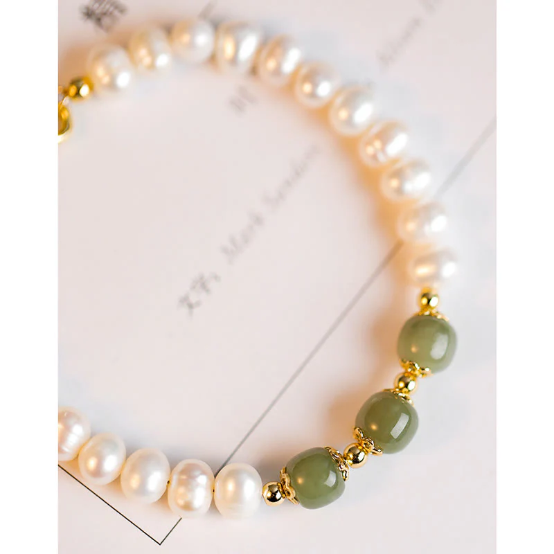 Buddha Stones 14K Gold Plated Natural Pearl Hetian Cyan Jade White Jade Sincerity Bead Chain Bracelet