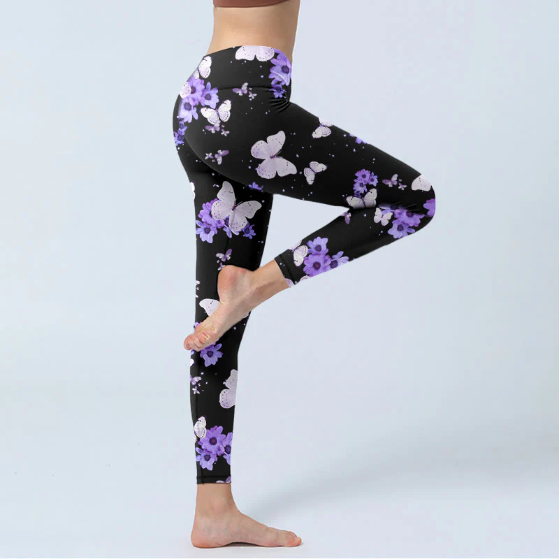 Buddha Stones Purple Floral Butterfly Print Exercise Leggings Women's Yoga Pants