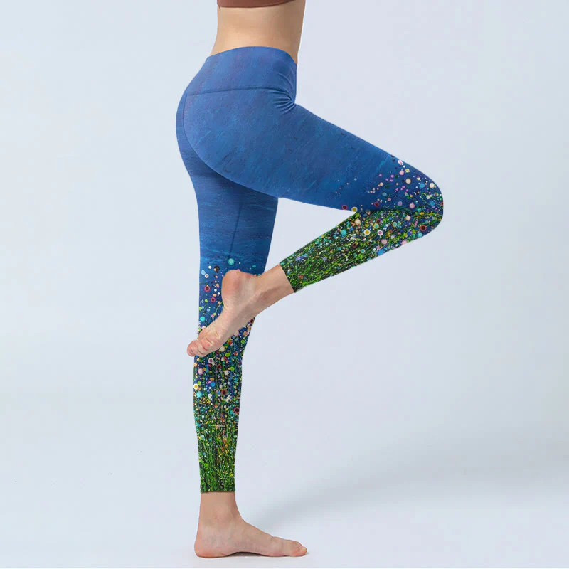 Buddha Stones Grass Flower Pattern Print Gym Leggings Women's Yoga Pants