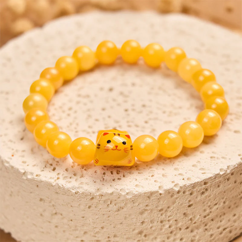Buddha Stones Orange Tabby Cat Yellow Chalcedony Ceramic Kitten Joy Bracelet
