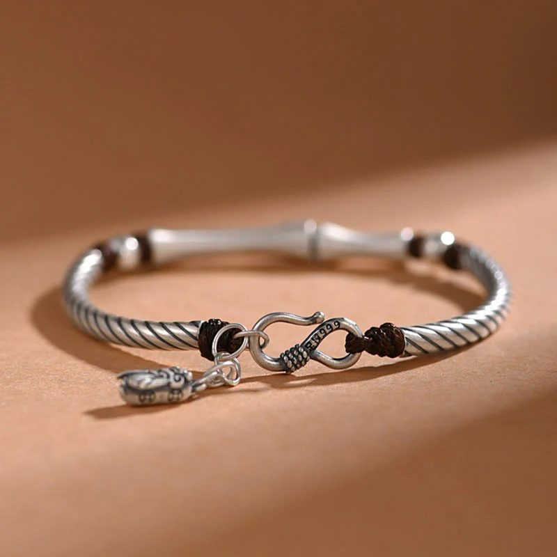 Buddha Stones 999 Sterling Silver Bamboo Pattern Cicada Luck Wealth Bracelet