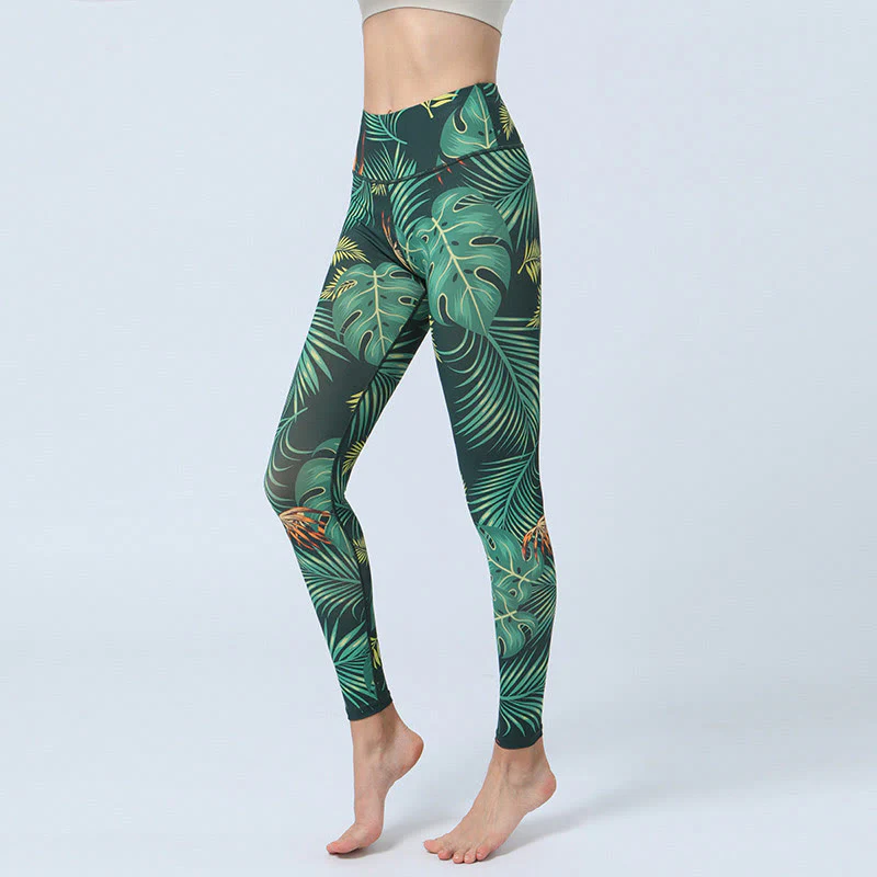 Buddha Stones Leaves Print Sports Fitness Yoga High Waist Leggings Women's Yoga Pants