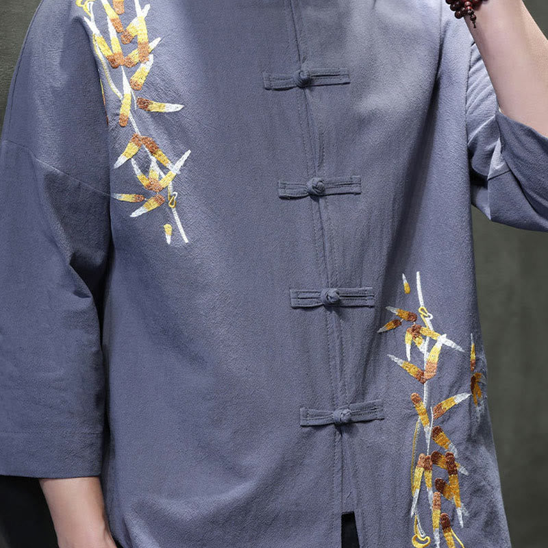 Buddha Stones Embroidery Men's  Chinese Frog-Button Three Quarter Sleeve Shirt Clothing