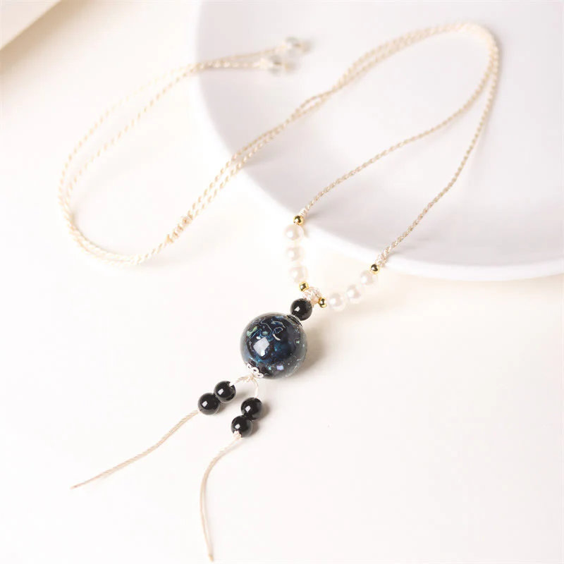 Buddha Stones Ebony Wood Aurora Lacquer Craft Bead Pearl Balance Necklace Pendant