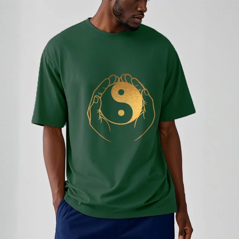 Buddha Stones Hands Holding A Golden Yin Yang Tee T-shirt