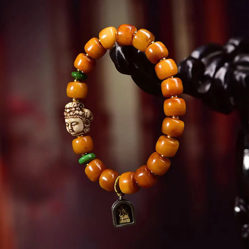 Buddha Stones Natural Tibetan Camel Bone Barrel Beads Buddha Head Luck Protection Bracelet