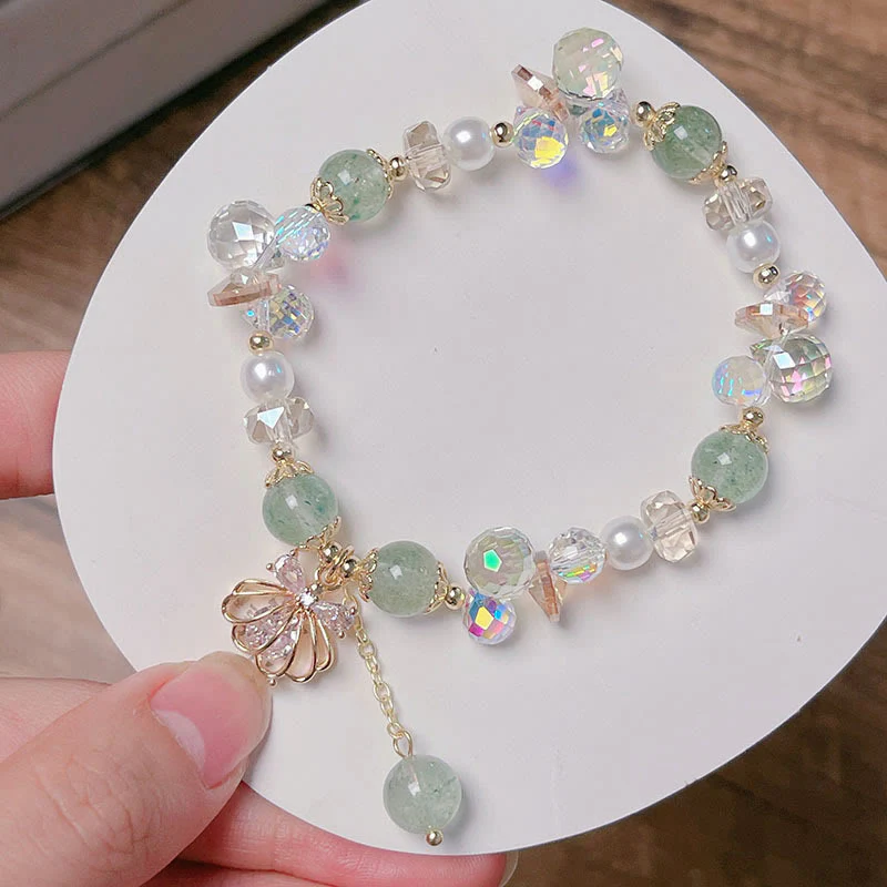 Buddha Stones Natural Strawberry Quartz Pearl Shell Positive Bracelet