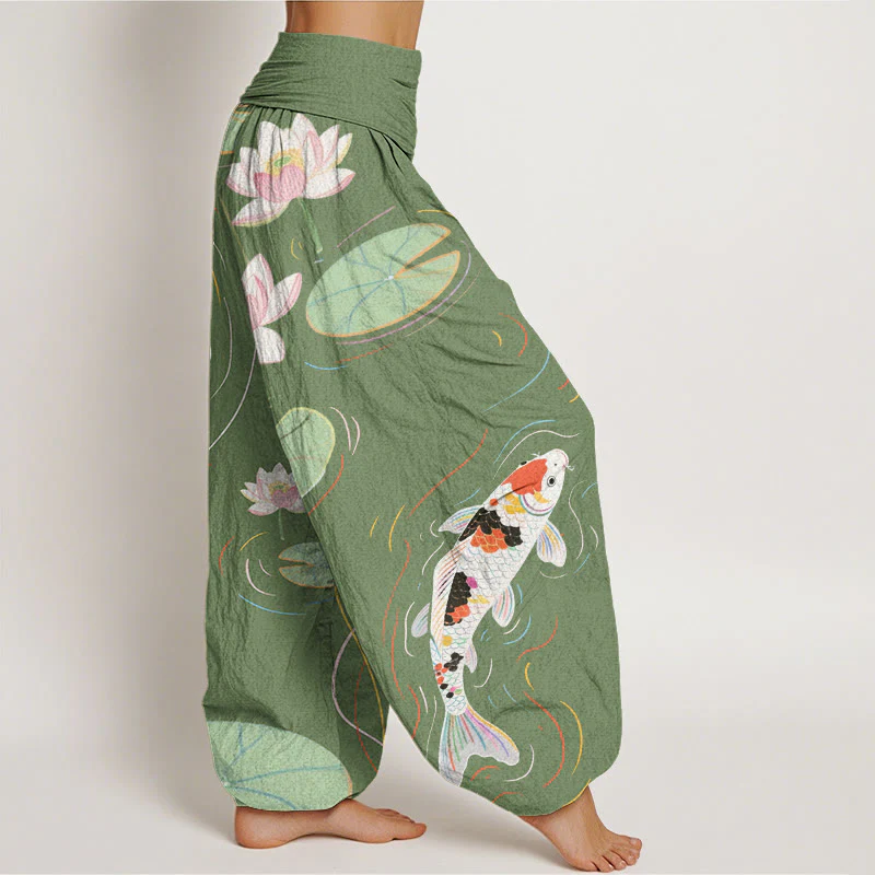 Buddha Stones Lotus Flower Lotus Leaves Koi Fish Water Ripples Pattern Women's Elastic Waist Harem Pants