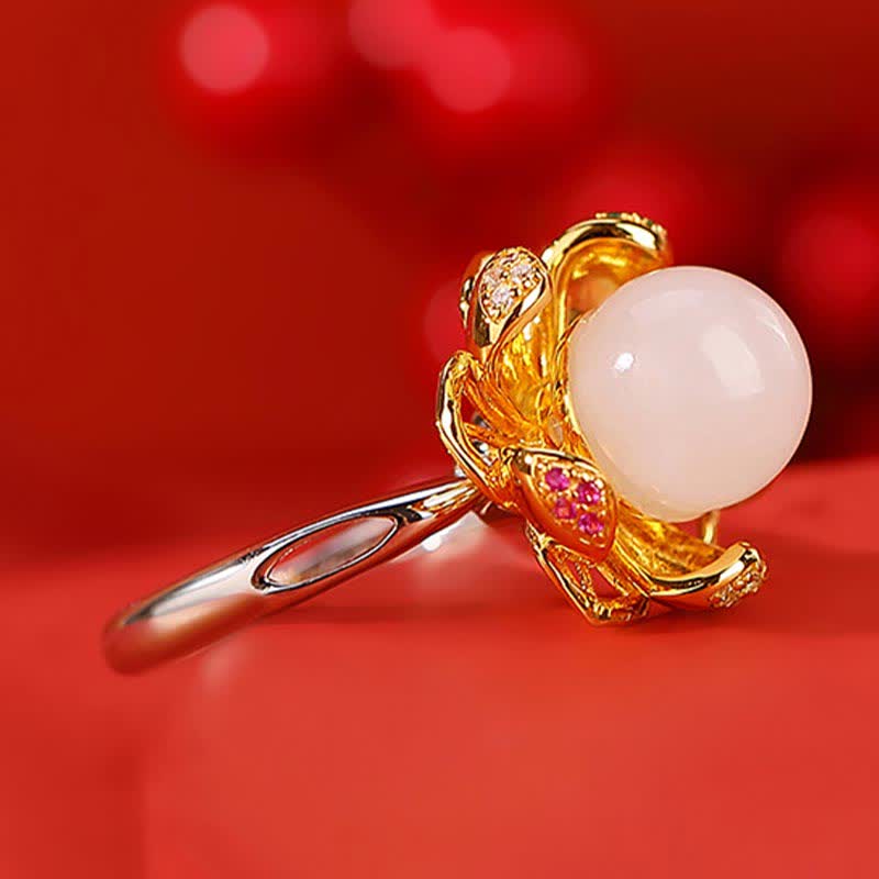Buddha Stones 925 Sterling Silver White Jade Cyan Jade Lotus Flower Success Ring