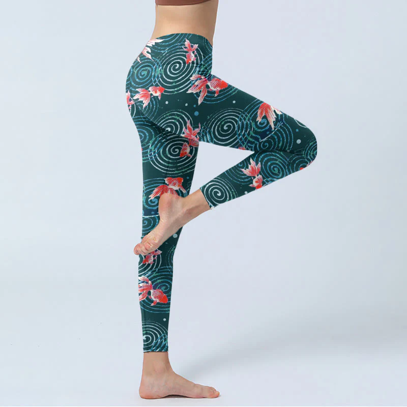 Buddha Stones Red Koi Fish Water Ripple Print Gym Leggings Women's Yoga Pants