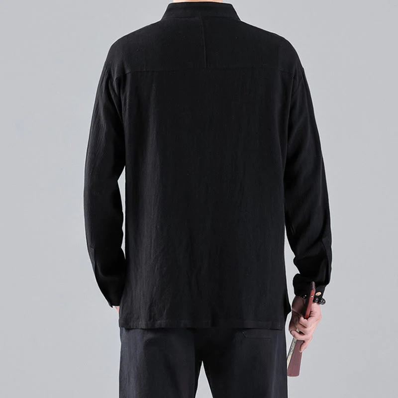 Buddha Stones Embroidered Auspicious Clouds Stand Collar Button Down Long Sleeve Men's Cotton Shirt