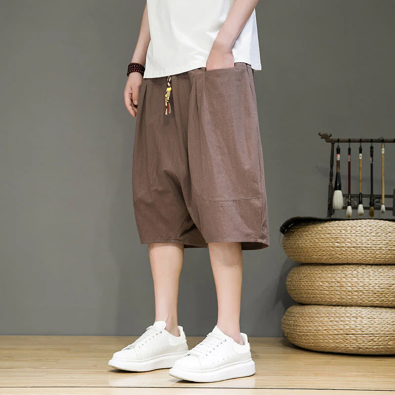 Buddha Stones Casual Drawstring Cotton Linen Men's Capri Harem Pants With Pockets