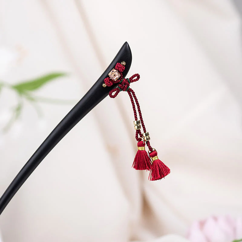 Buddha Stones Ebony Red String Chinese Knot Tassel Protection Hairpin