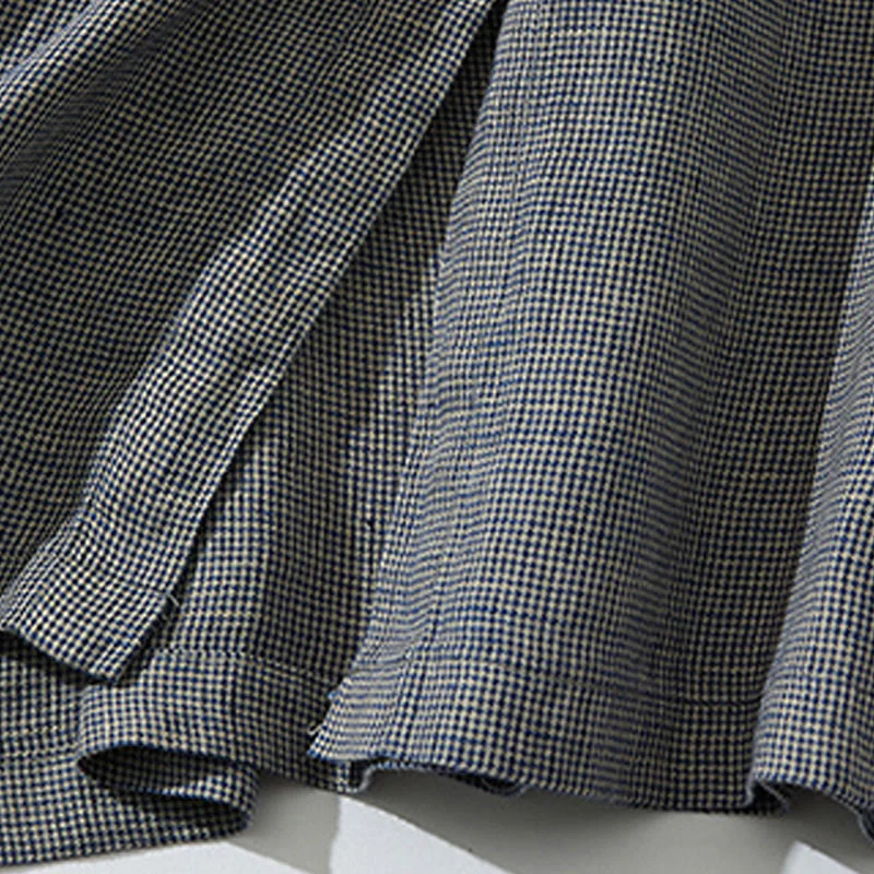 Buddha Stones Commute Retro DimGray Plaid Lantern Sleeve Cotton Linen Midi Dress With Pockets