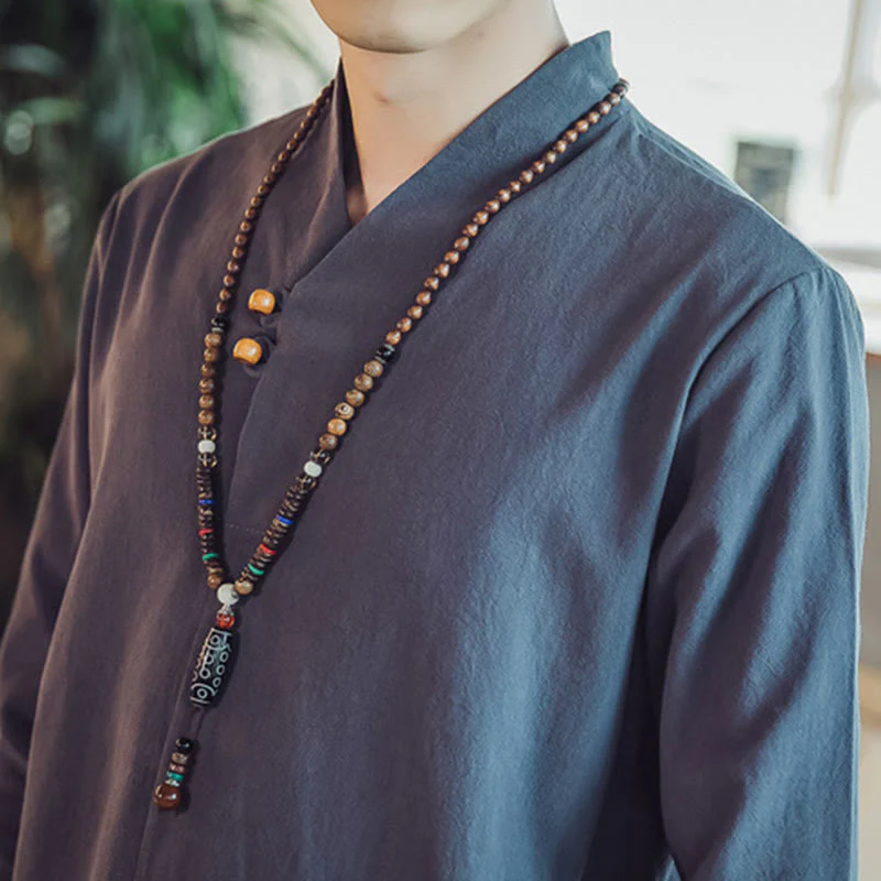 Buddha Stones 2Pcs Cotton Shirt Ankle-Length Pants With Pockets Men's Meditation Cloth Set