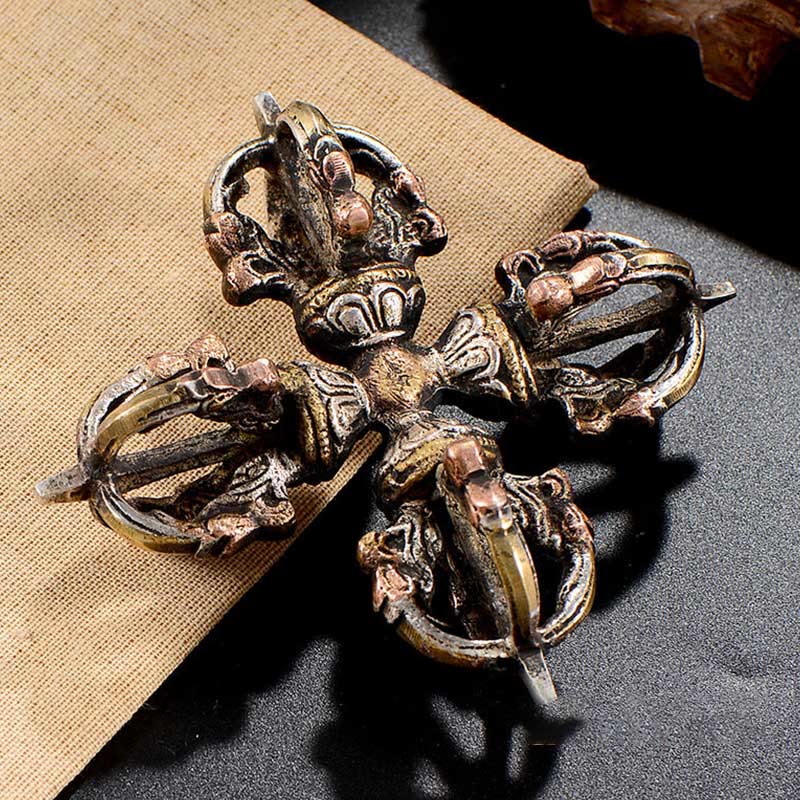 Buddha Stones Tibetan Handmade 5 Prong Double Dorje Copper Iron Thunderbolt Strength Vajra
