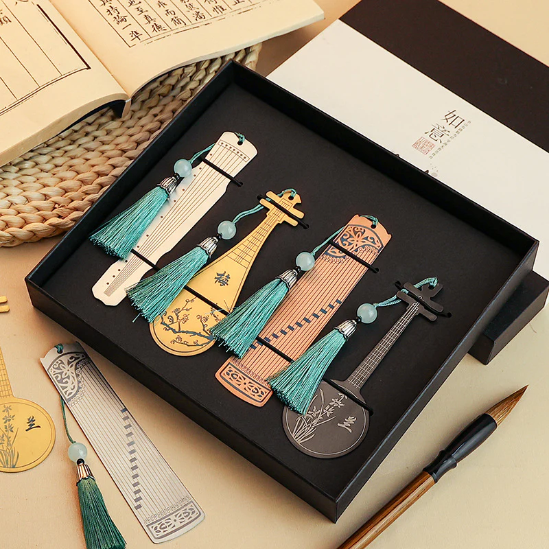 Buddha Stones Classical Musical Instruments Pipa Guzheng Guqin Ruan Metal Bookmarks Tassel With Gift Box