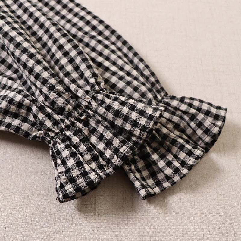 Buddha Stones Casual Plaid Simple Buttons Ruffled Design Cotton Linen Midi Dress With Pockets