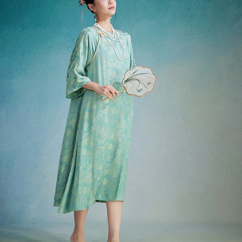 Buddha Stones Small Flower Leaf Jacquard Chinese Cheongsam Qipao Midi Dress With Pockets