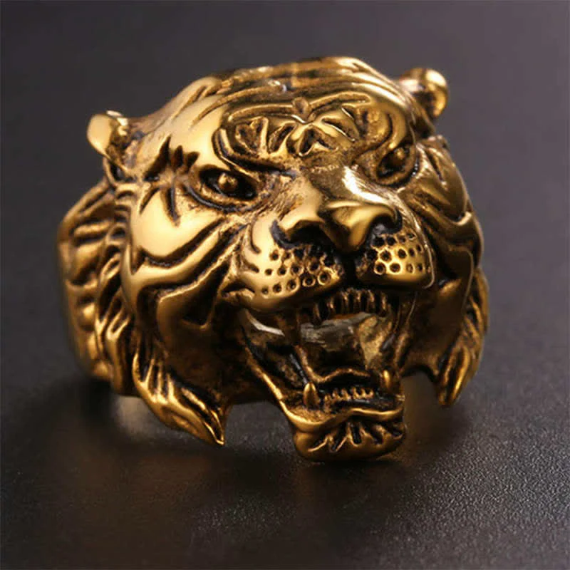 Buddha Stones Men's Animal Tiger Head Titanium Steel Balance Calm Punk Rock Biker Ring