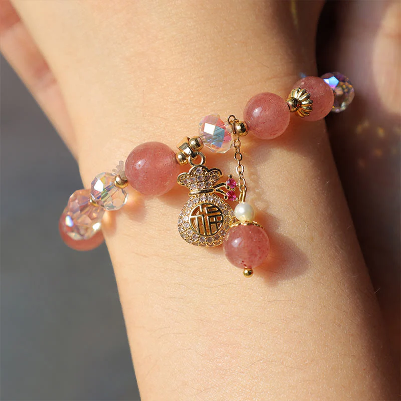 Buddha Stones Natural Strawberry Quartz Crystal Money Bag Charm Positive Bracelet