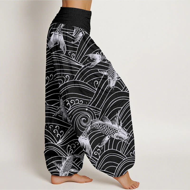 Buddha Stones Koi Fish Wave Pattern Women's Elastic Waist Harem Pants