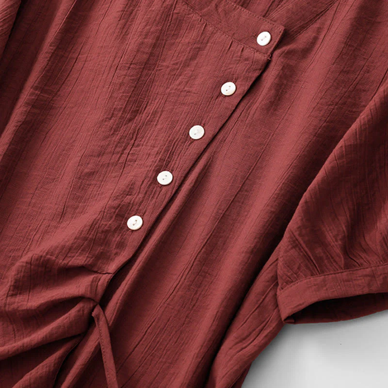 Buddha Stones Casual Plain Asymmetrical Lace-Up Design Puff Short Sleeve Women's Cotton Shirt