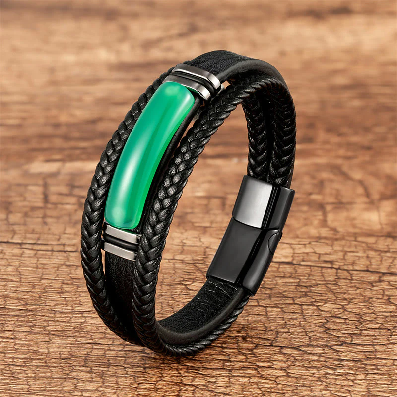Buddha Stones Natural Stone Green Agate Power Multilayered Braided Leather Bracelet