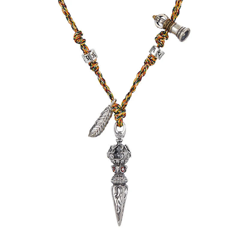 Buddha Stones Tibetan Handmade 925 Sterling Silver Dorje Vajra Om Mani Padme Hum Feather Strength Necklace Pendant