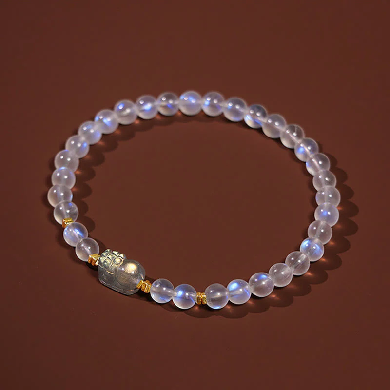 Buddha Stones 925 Sterling Silver Plated Gold Natural Moonstone PiXiu Healing Bracelet
