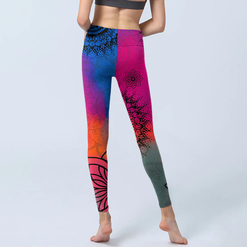Buddha Stones Rose Red Blue Mandala Flower Print Gym Leggings Women's Yoga Pants
