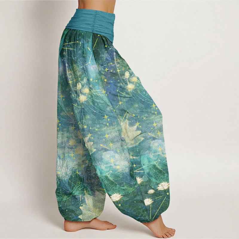 Buddha Stones Pure Cotton Koi Fish Lotus Moon Stars Pattern Women's Elastic Waist Harem Pants