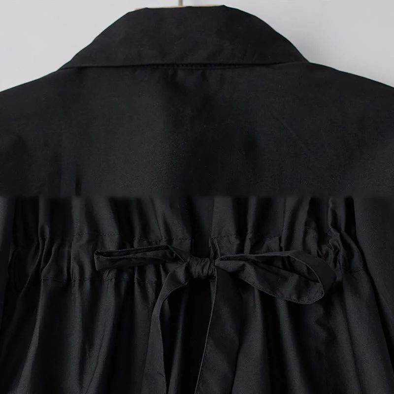 Buddha Stones Printing Irregular Lines Back Lace-up Design Lapel Cotton Midi Dress With Pockets