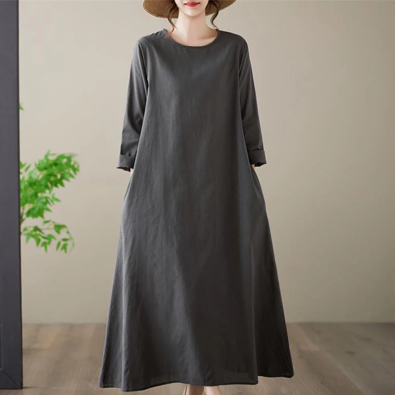 Buddha Stones Casual Plain Crew Neck Cotton Linen Midi Dress With Pockets