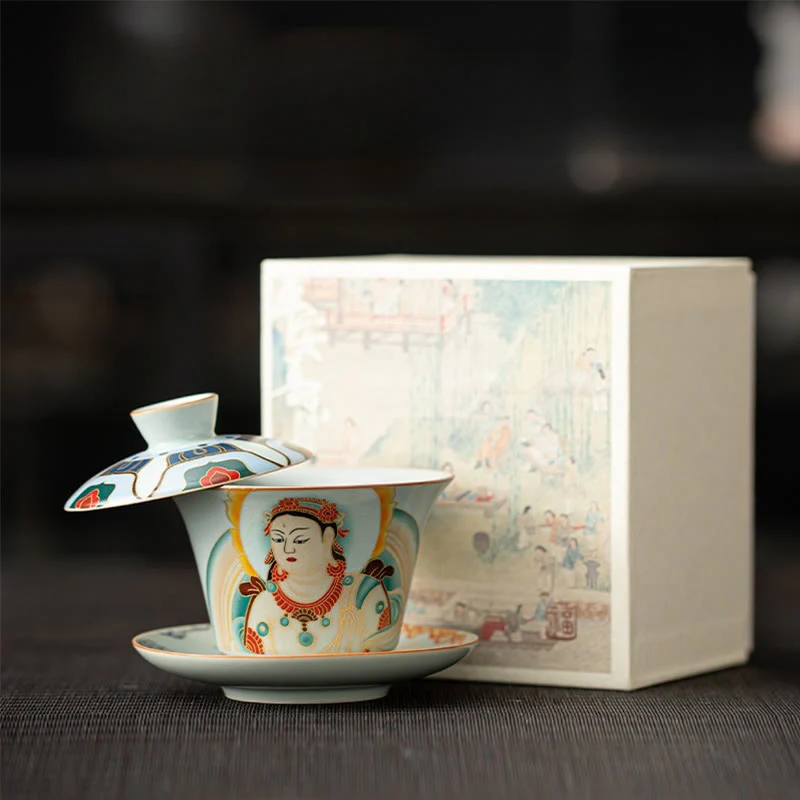 Buddha Stones Thangka Dragon Buddhas Dunhuang Ceramic Gaiwan Sancai Kung Fu Tea Cup And Saucer With Lid Gift Box 180ml