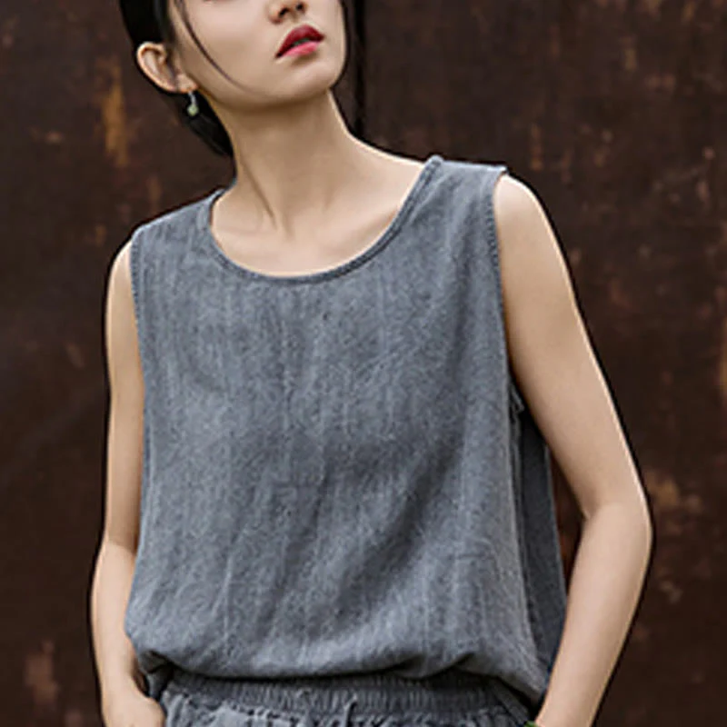 Buddha Stones Summer Tie-dye Linen Crew Neck Sleeveless Women's Vest