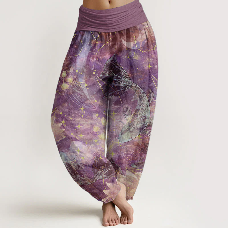 Buddha Stones Pure Cotton Koi Fish Lotus Moon Stars Pattern Women's Elastic Waist Harem Pants