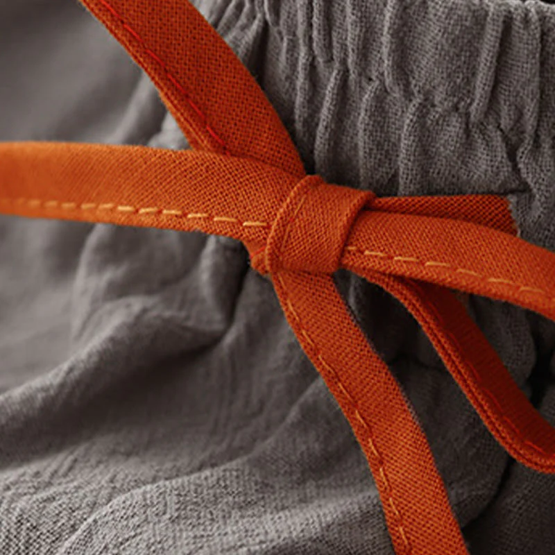 Buddha Stones Casual Simple Design Drawstring Split Cotton Linen Women's Wide Leg Pants With Pockets